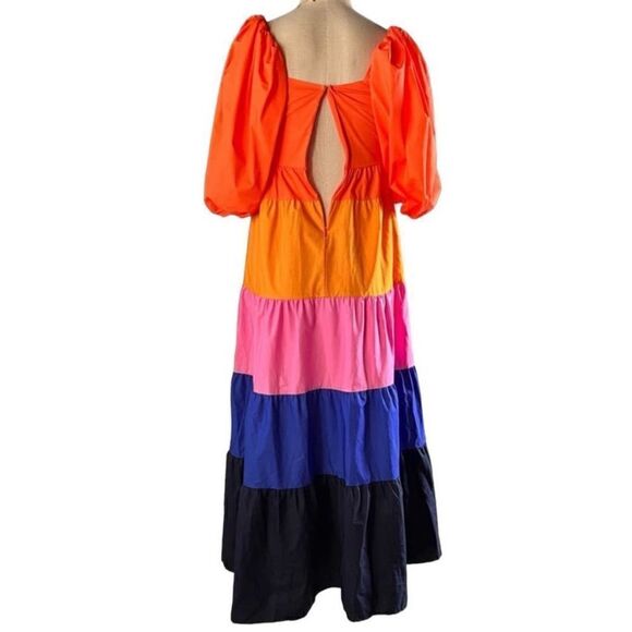 Farm Rio for Anthropology   Colorblock Maxi Dress Balloon Sleeve Tiered Dress XS - Picture 7 of 7